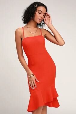 Lulus Irresistible Ways Red Orange Ruffled Midi Dress | Medium New with Tags
